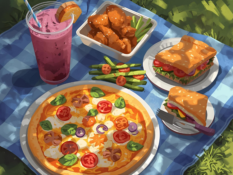 Pizza, sandwiches, and berry drink on a picnic rug