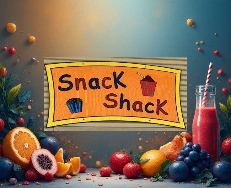 Snack Shack sign surrounded by fruit and bottled drink